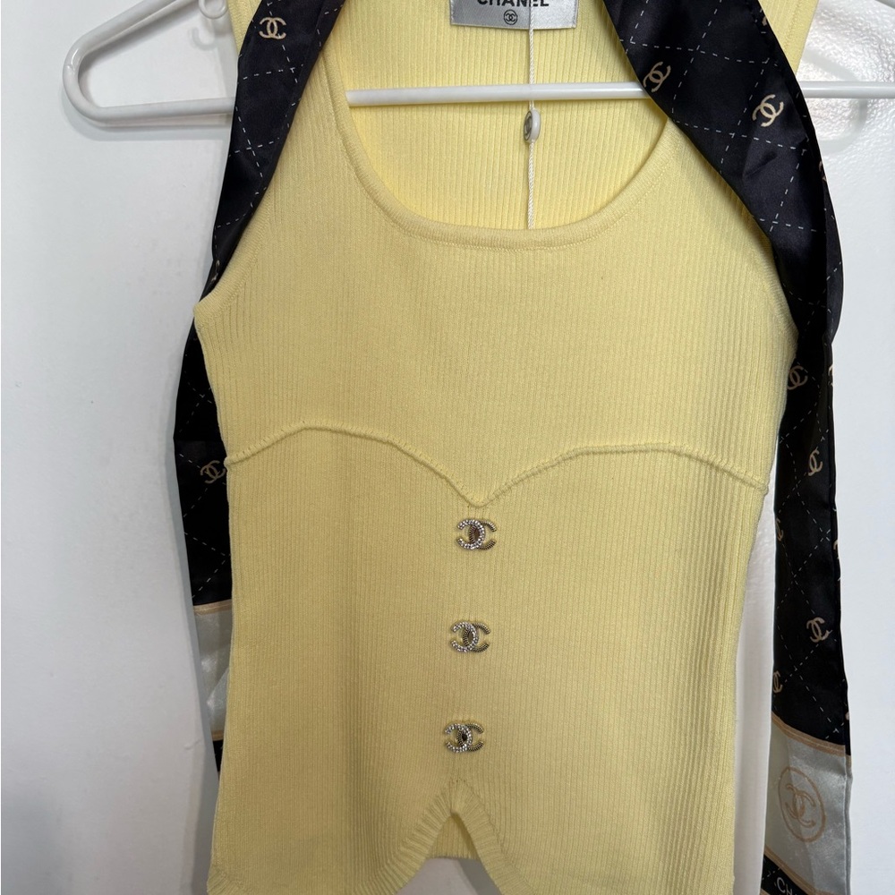 Pastel Yellow Knit Top with Silver Logo Buttons
